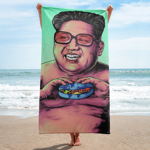 Kim Jong-Un Eating a World Burger Funny Political Humor Beach Towel