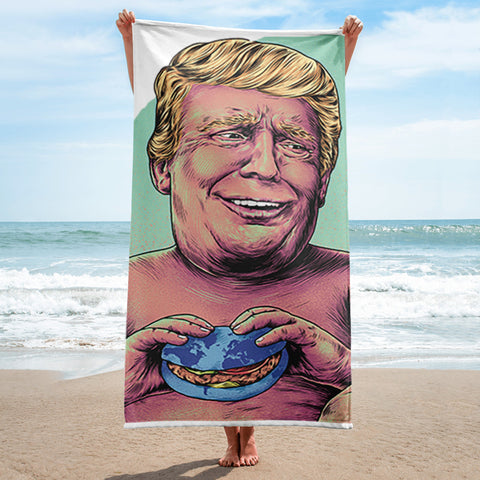 President Donald Trump Eating a World Burger Funny Political Beach Towel